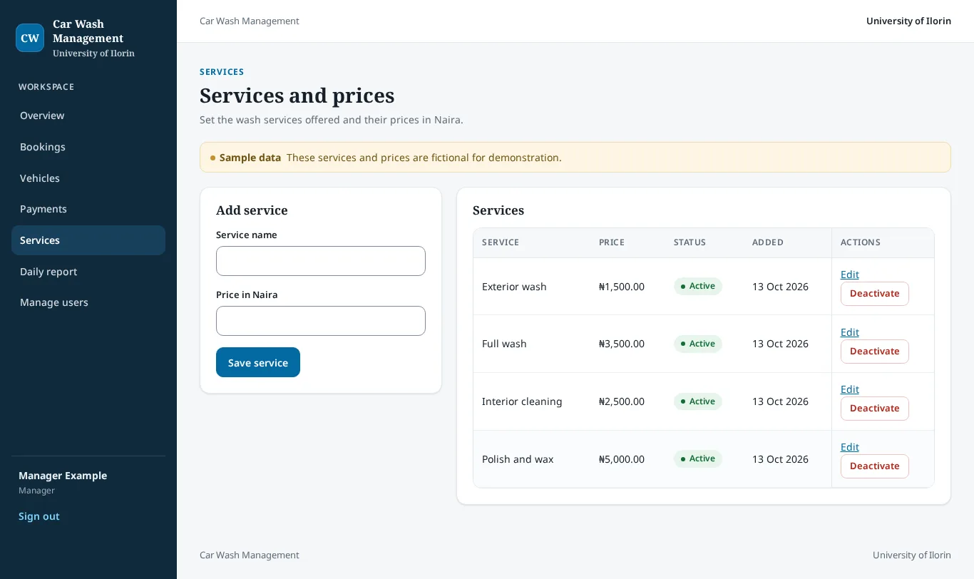 Car Wash Management System: Services and Prices
