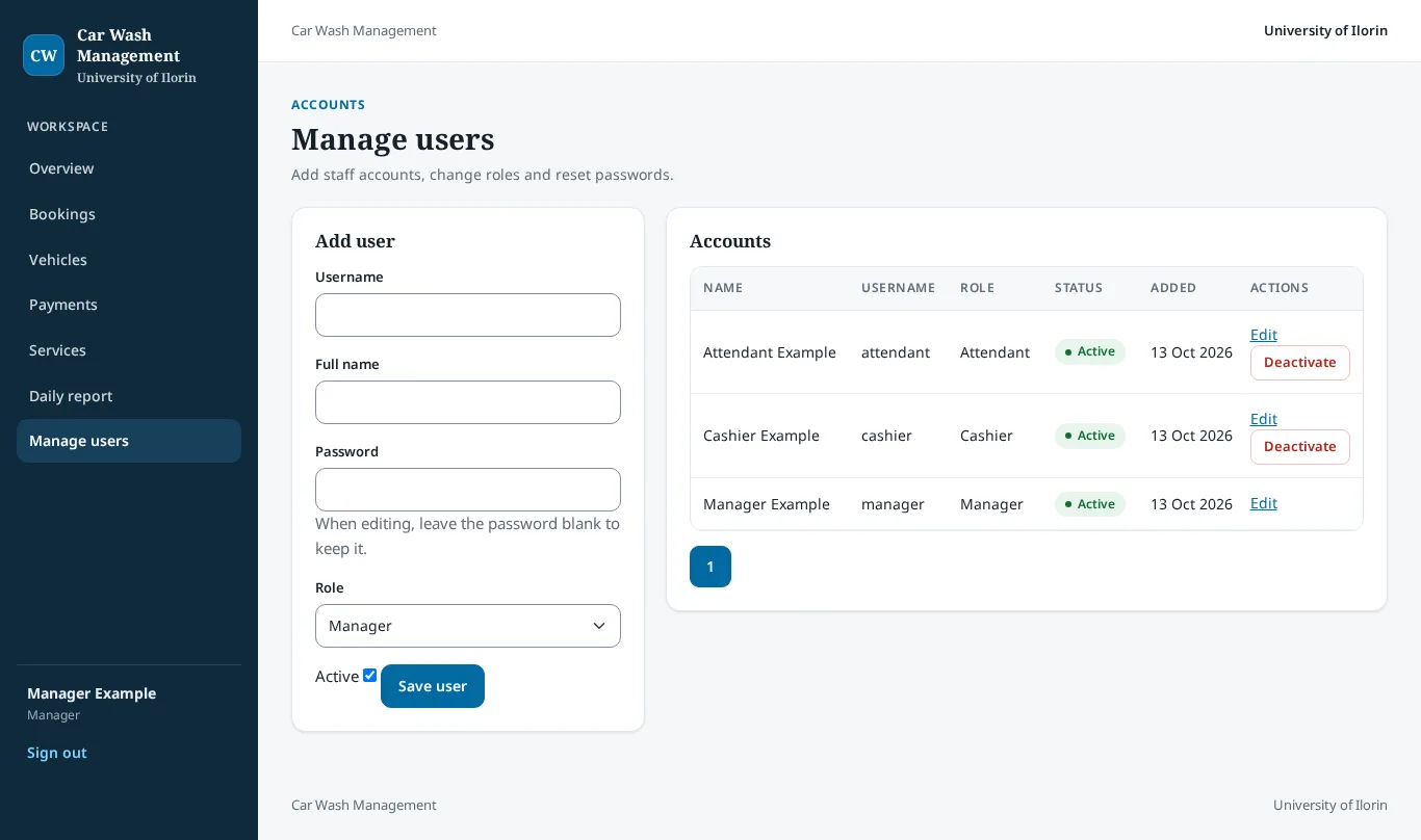 Car Wash Management System: Manage Users