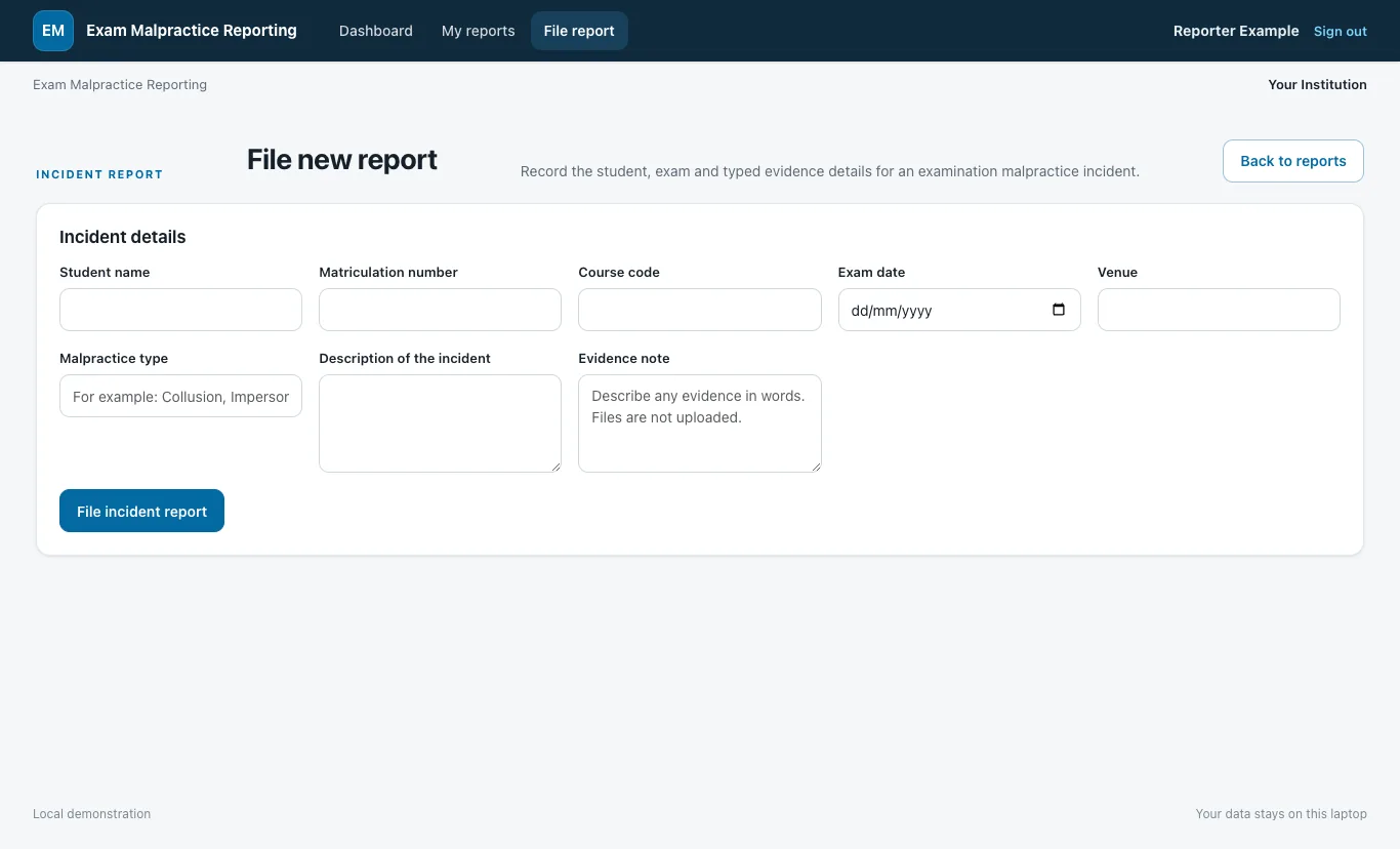 Exam Malpractice Incident Reporting System: File new report