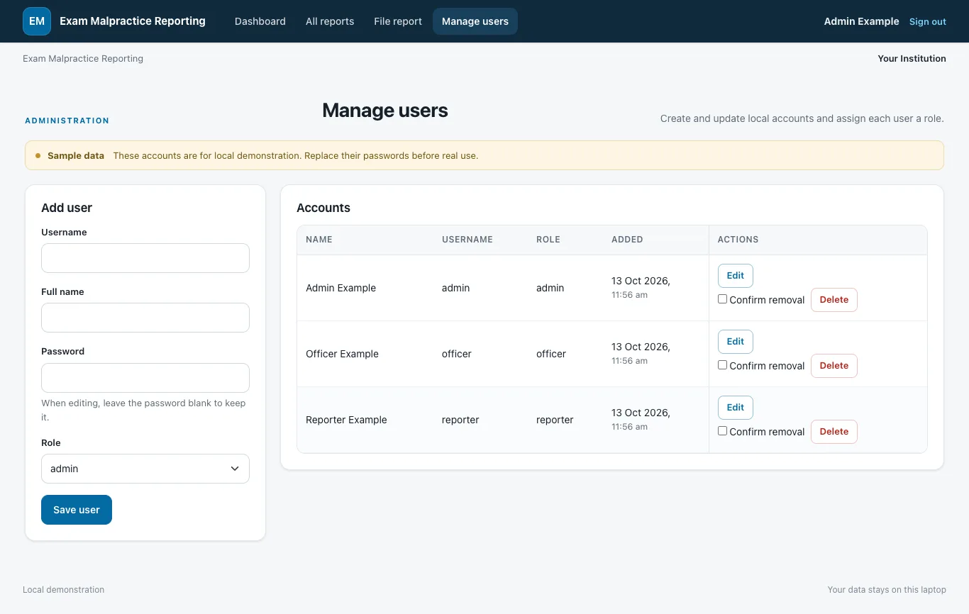 Exam Malpractice Incident Reporting System: User administration
