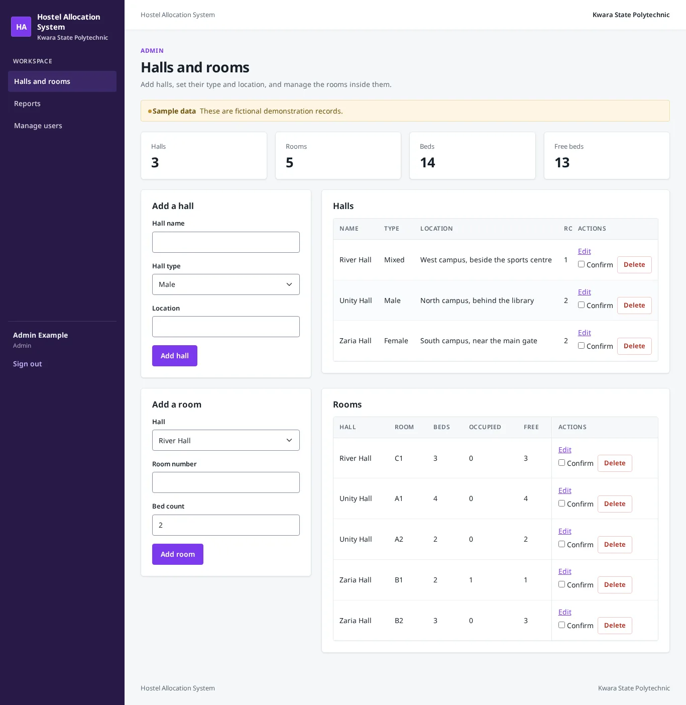 Hostel Management System: Halls and rooms