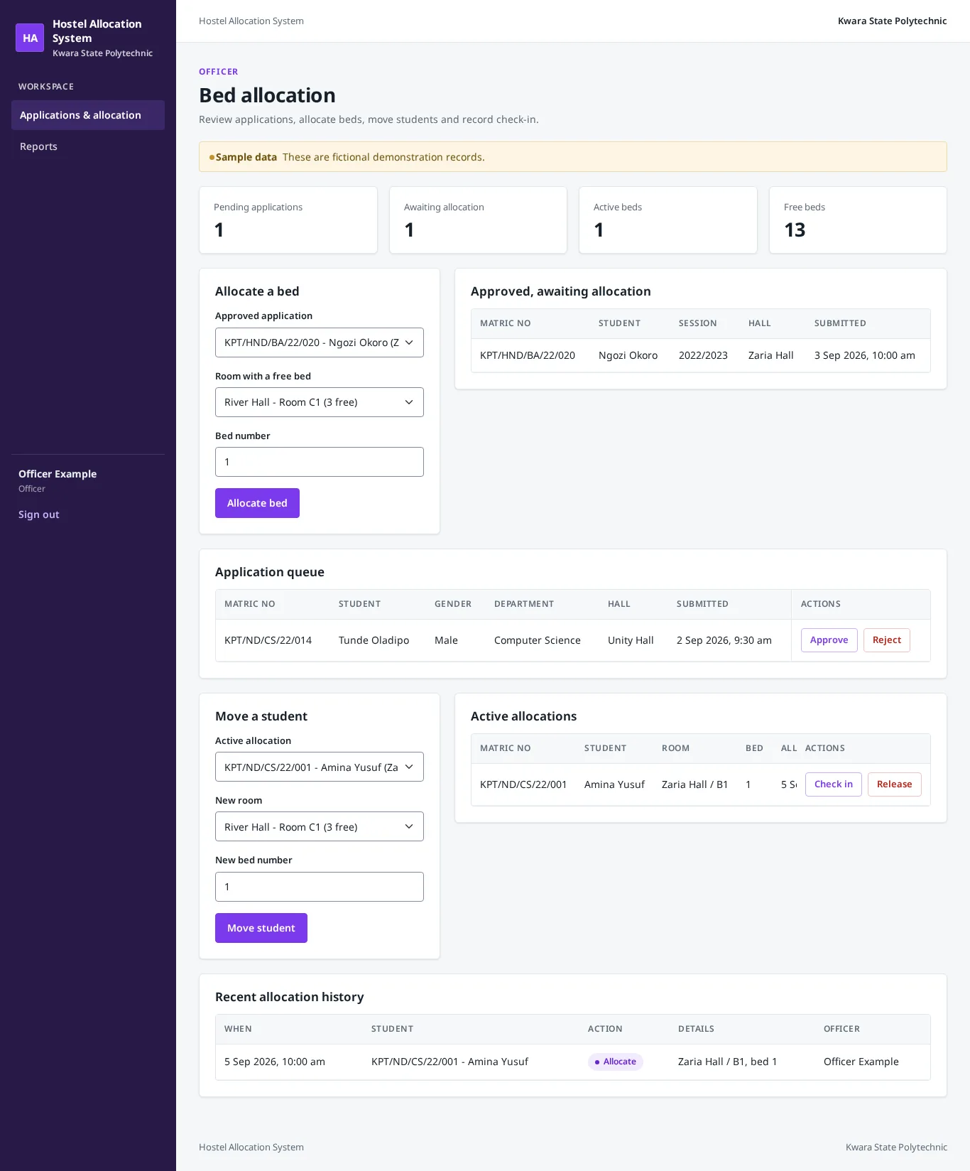 Hostel Management System: Officer dashboard