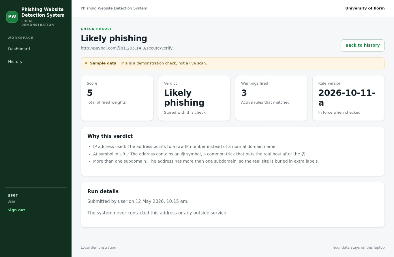 Phishing Website Detection System: Check result