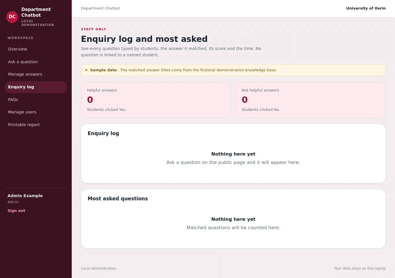 Student Enquiry Chatbot: Enquiry log and most asked