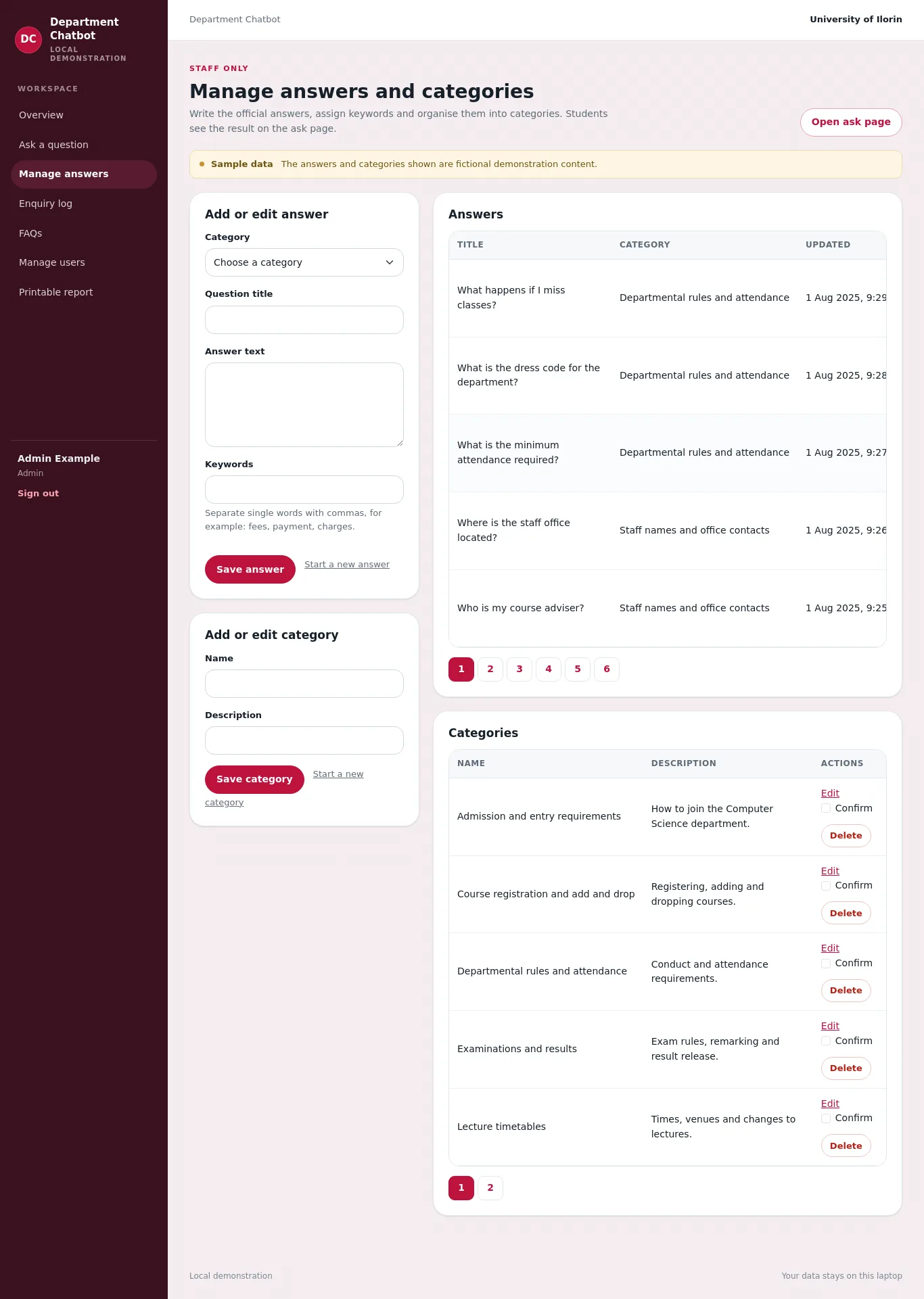 Student Enquiry Chatbot: Manage answers and categories